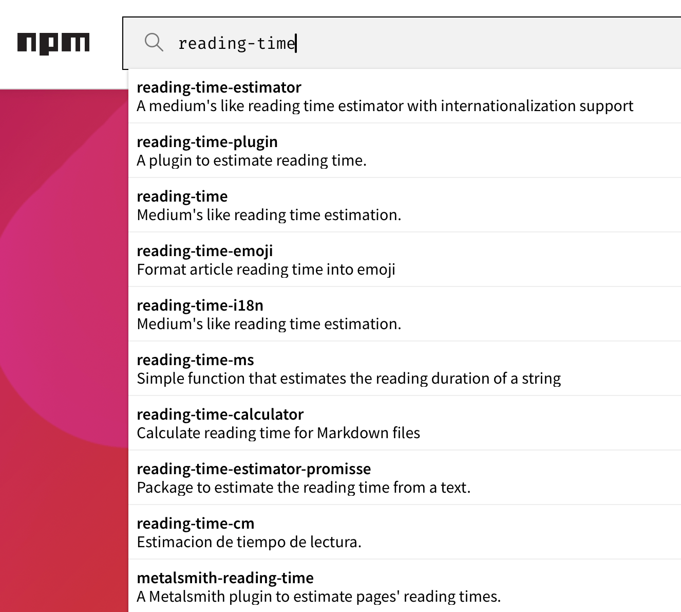 Screenshot of a large number of search results from npm for the keyword “reading-time”.