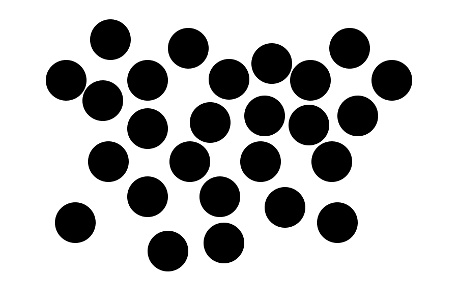 Twenty five seeminly random black circles scattered on a white background.