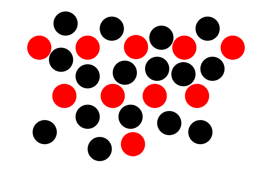 Twenty five seeminly random black circles scattered on a white background, with ten circles highlighted in red revealing an undelying structure and pattern to their arrangement.