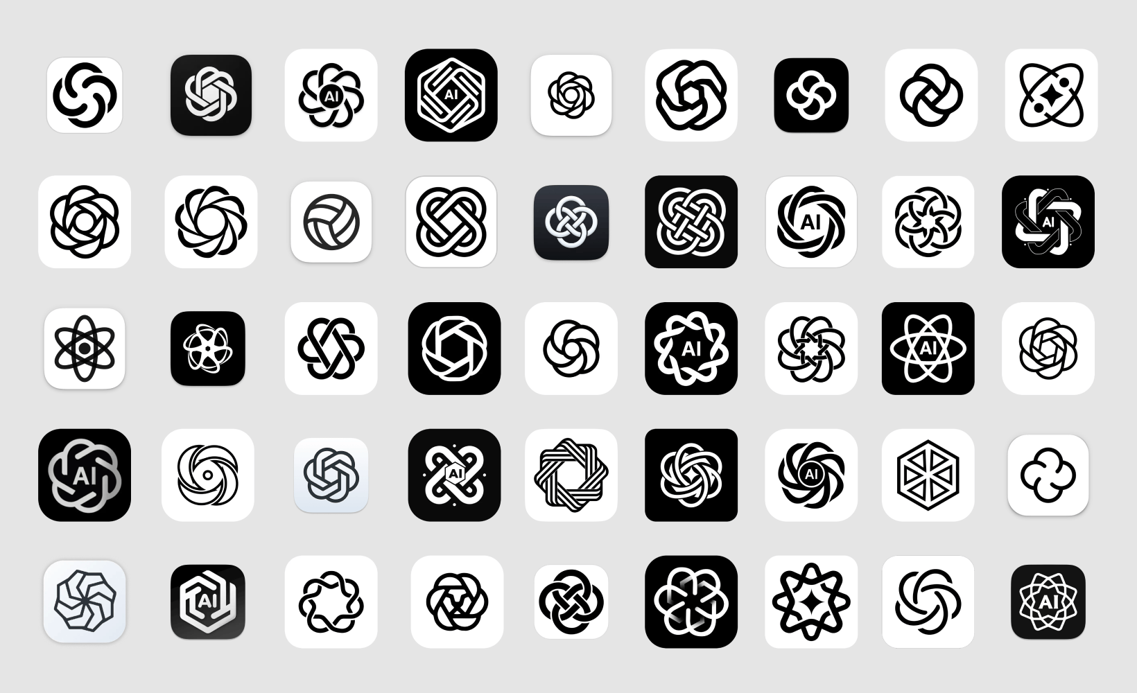 A grid of 45 icons. 1 is the real ChatGPT desktop app for Mac from OpenAI. The others are all look-a-likes.
