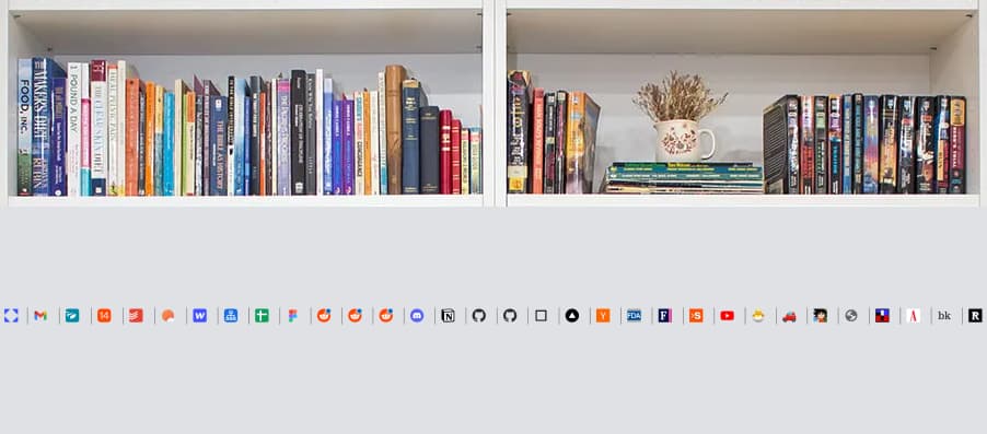 Photo of a bookshelf on top with lots of books, below that a screenshot of a bunch of tabs where all you can see is favicons