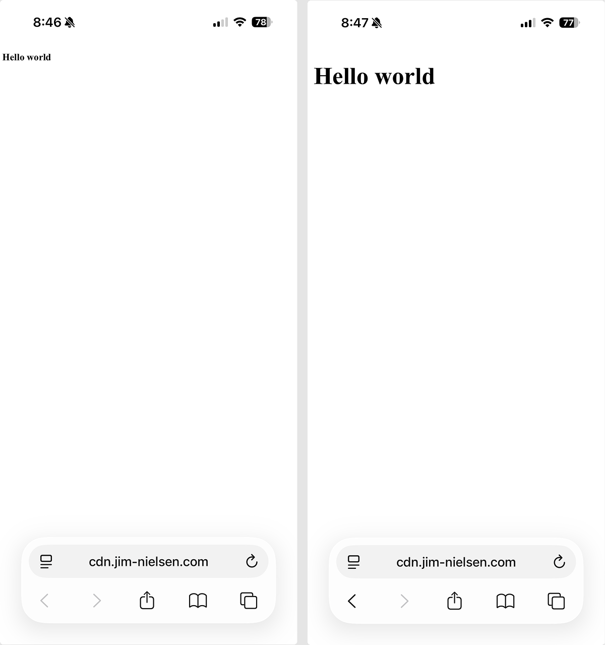 Two screenshots of a basic HTML with an h1 tag that says “Hello world” that are side-by-side. The one on the left looks like it’s zoomed way out becuase it’s missing the meta viewport tag. The one on the right looks like you expect.