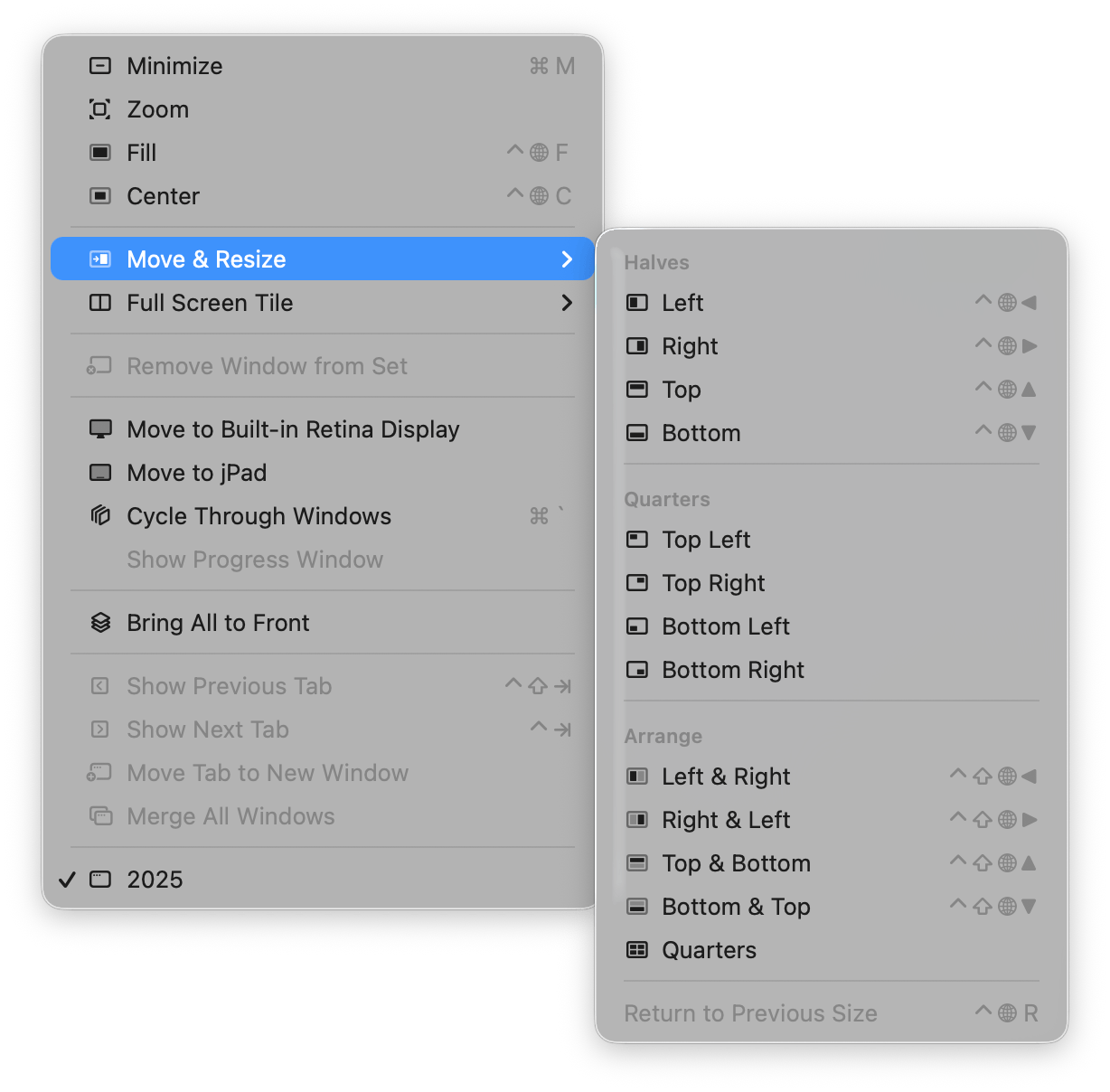 Screenshot of a Finder menu in macOS Tahoe where every menu item is prefixed with a useful icon.