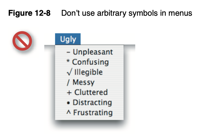 Screenshot from the HIG denoting how you shouldn’t use arbitrary symbols in menus.