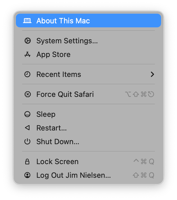 Screenshot of the Apple menu in macOS tahoe where every menu item is prefixed with an icon.