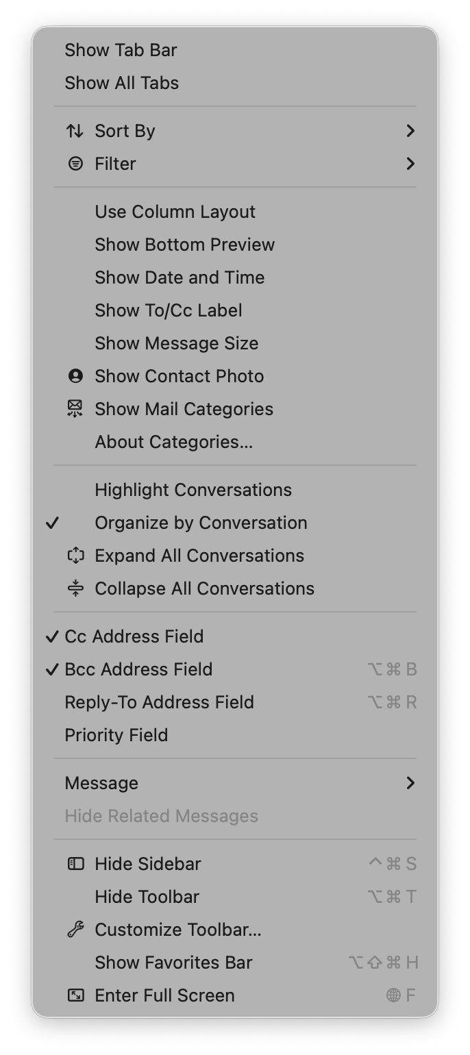 Screenshot of the View menu in Mail on macOS Tahoe showing how menu items can be indented and have icons, not have icons, and have toggles with checkmarks.