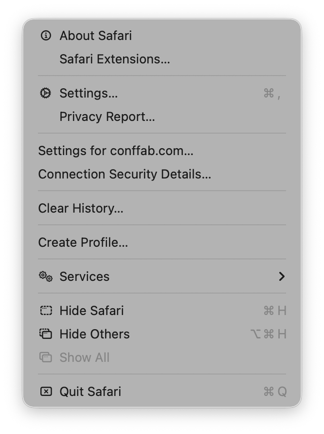 Screenshot of the Safari menu in macOS Tahoe where about half of the menu items are prefixed with an icon.