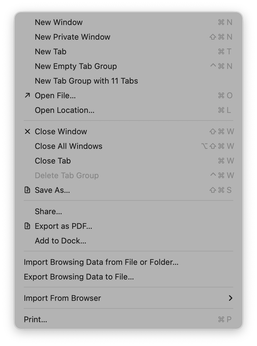 Screenshot of the File menu Safari in macOS Tahoe where only a few menu items are prefixed with an icon. Some are indented, others not.