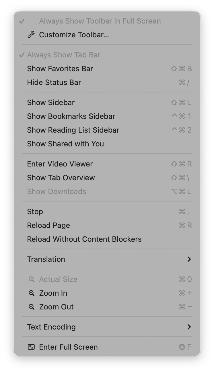 Screenshot of the View menu in Safari on macOS Tahoe where some menu items are prefixed with an icon and two also have a checkmark.