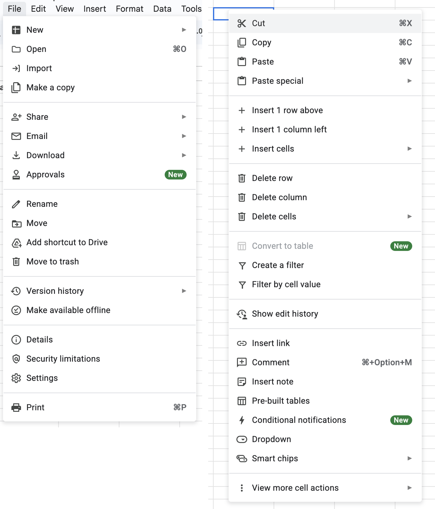 Screenshot of menus with icons in Google Sheets