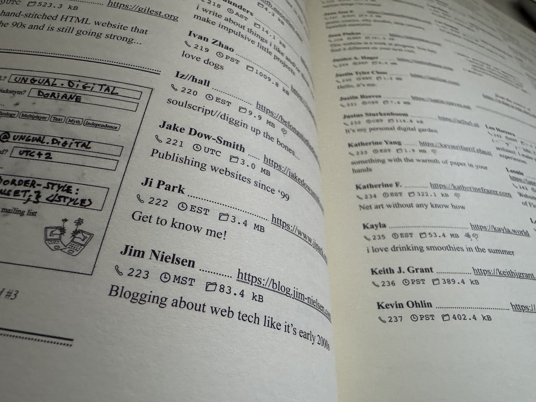 Photograph of page 32 of the Internet Phone Book listing Jim Nielsen.