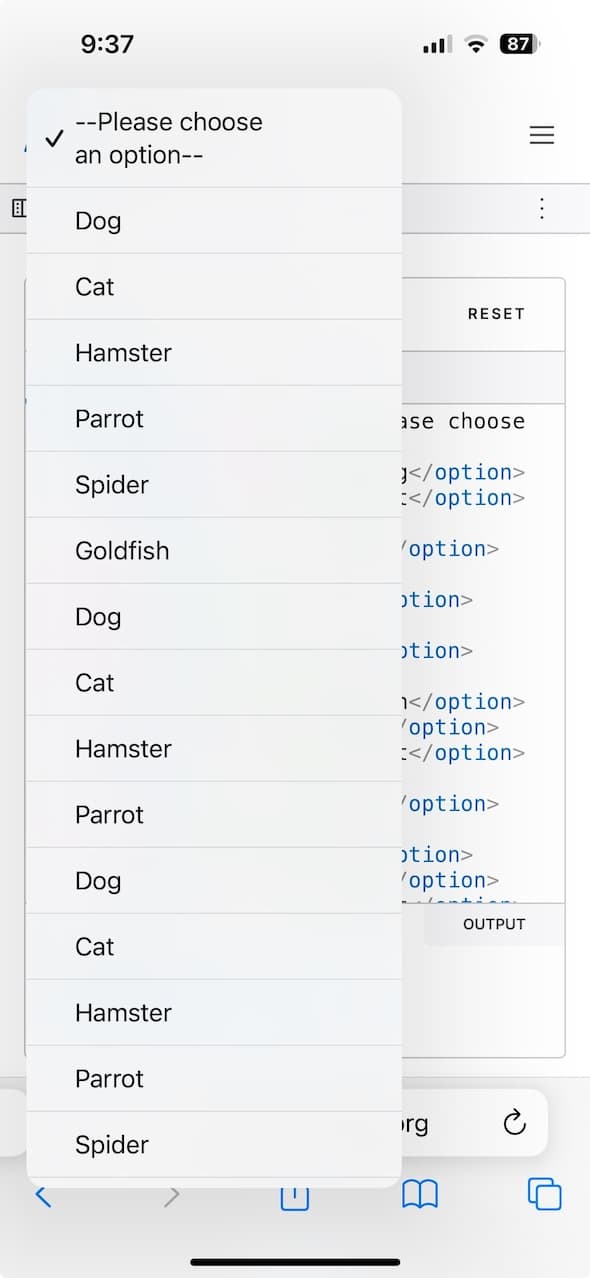 Screenshot of  Safari on iOS where the options for a select menu are breaking outside the browser’s viewport.