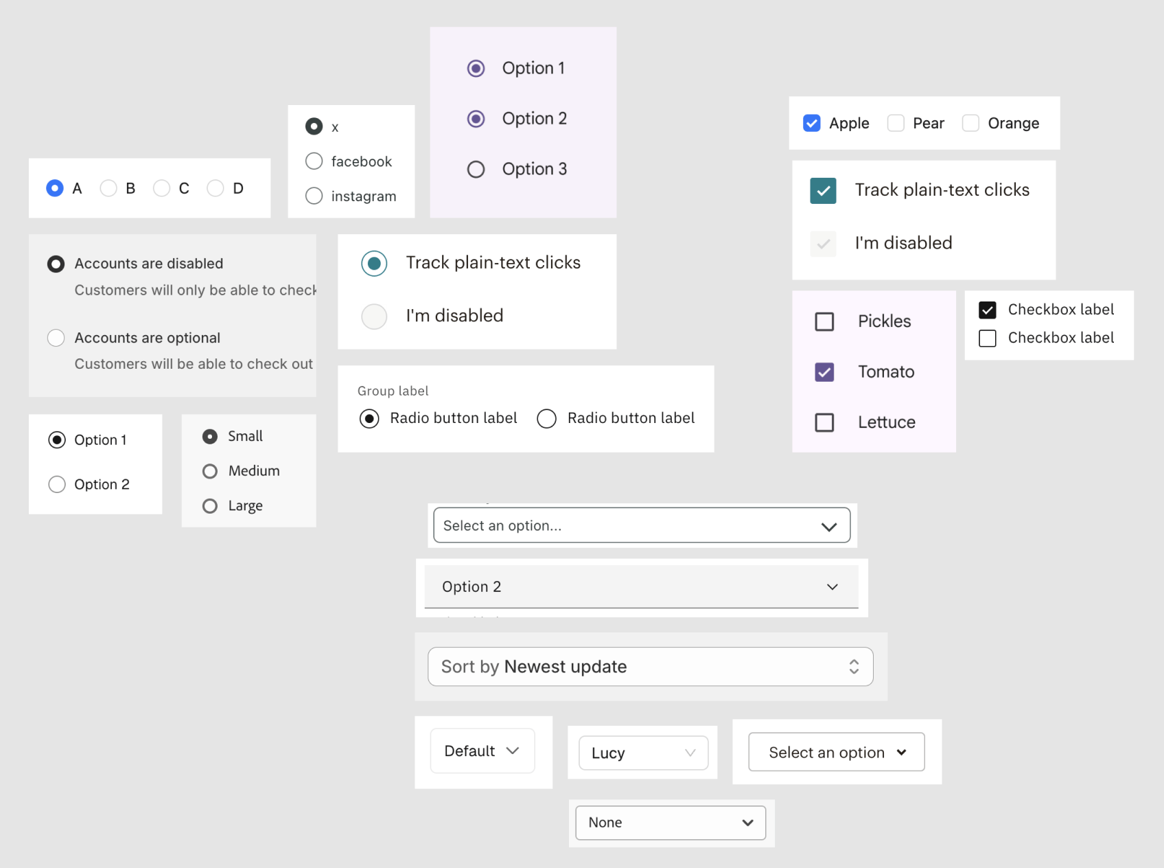 Screenshot of radios, checkboxes, and selects across popular design systems, showing a variety of differences.