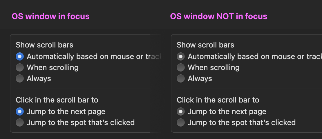 Screenshot in macOS where a focused window has system blue radio controls, but an unfocused window has grayed out radio controls. 