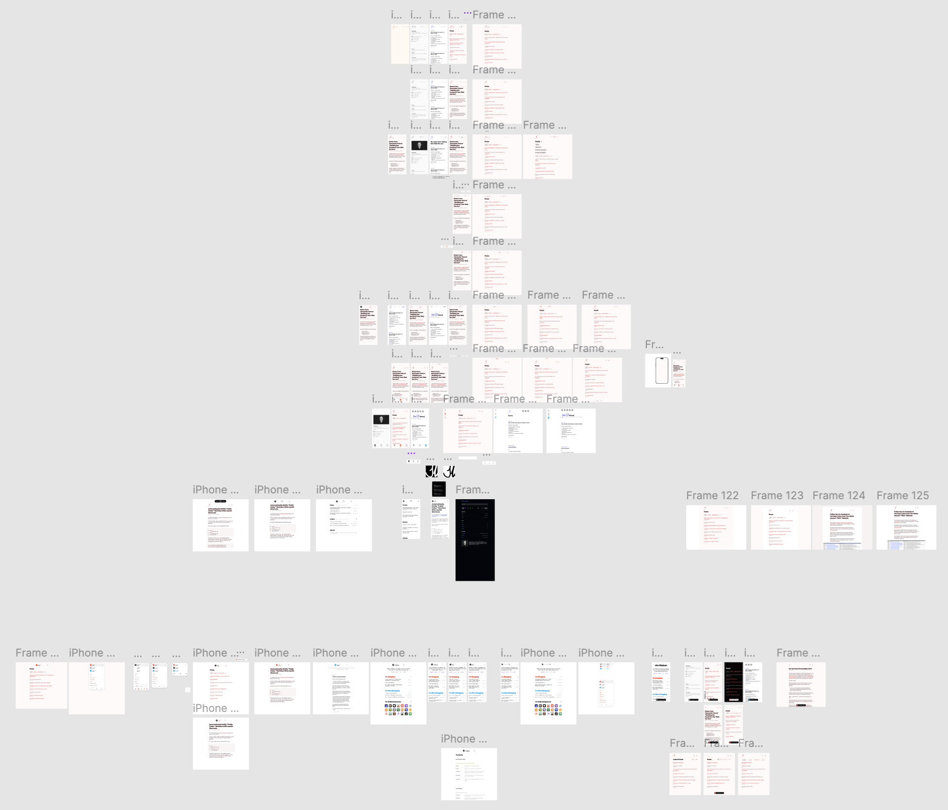 Screenshot of a Figma canvas with lots of artboards too small to see but denoting a lot of iterations.