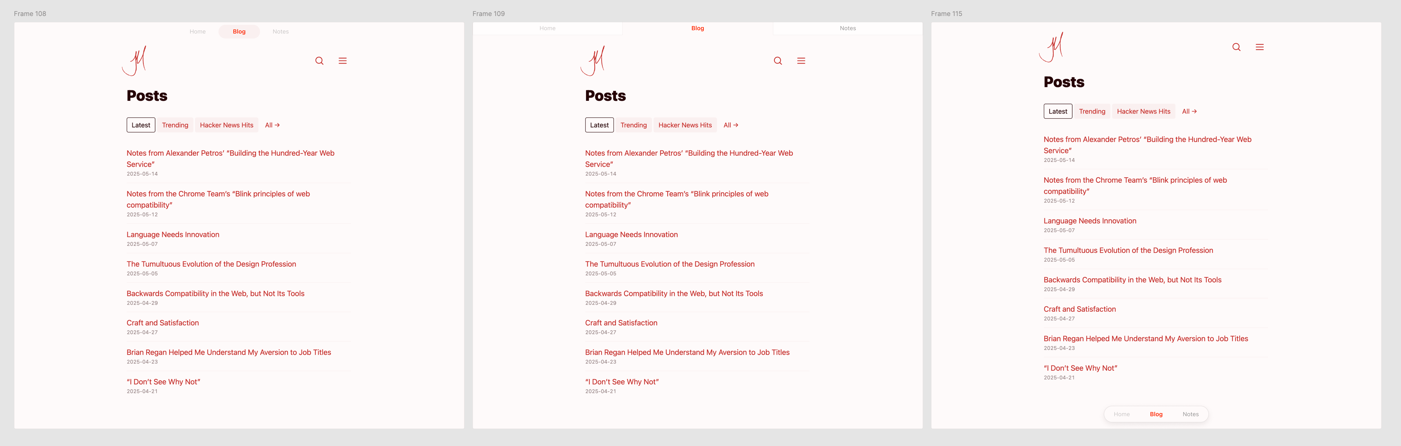 Three desktop-sized UI mockups of a blog post with different navigation bars.