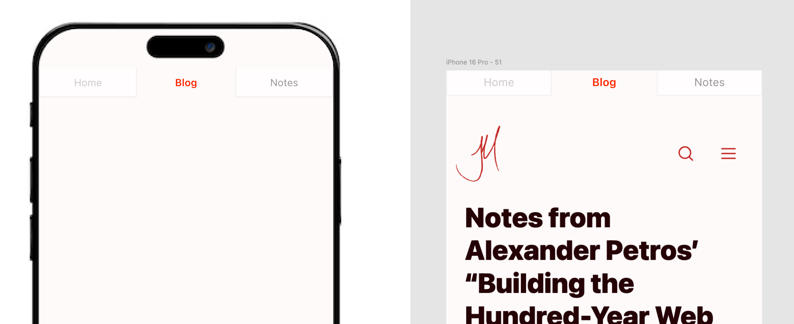 Mobile UI mockups showing a folder-style segmented tab control. One is in the frame of an iPhone where the control bleeds up into the restricted space where the dynamic island lives as well as down into the website. Whereas the other mockup is in a frame in Figma, so the highlighted tab only bleeds down into the website.