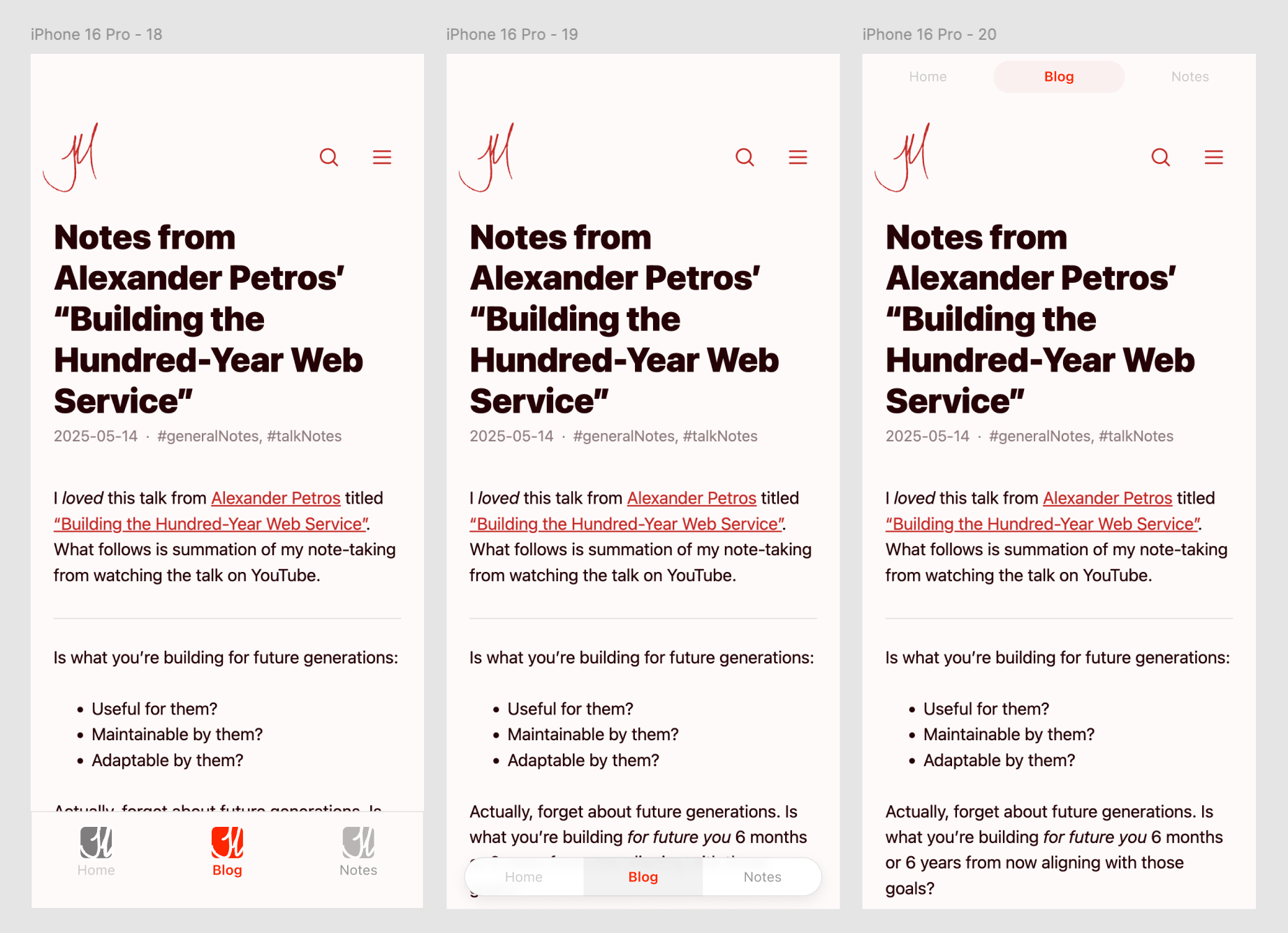 3 mobile-sized UI mockups of a blog post with different navigation bars.