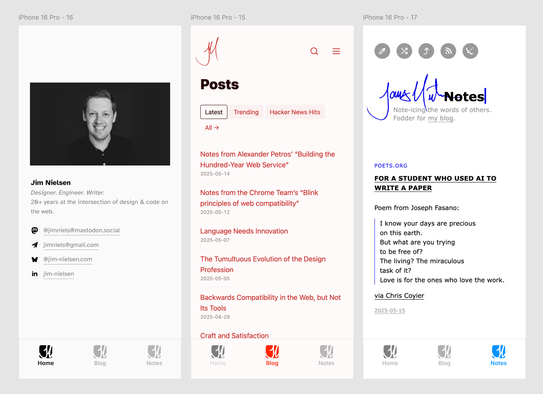 Mobile-sized mocksups with a bottom tab bar whose active highlight color changes with the active color of each subdomain.