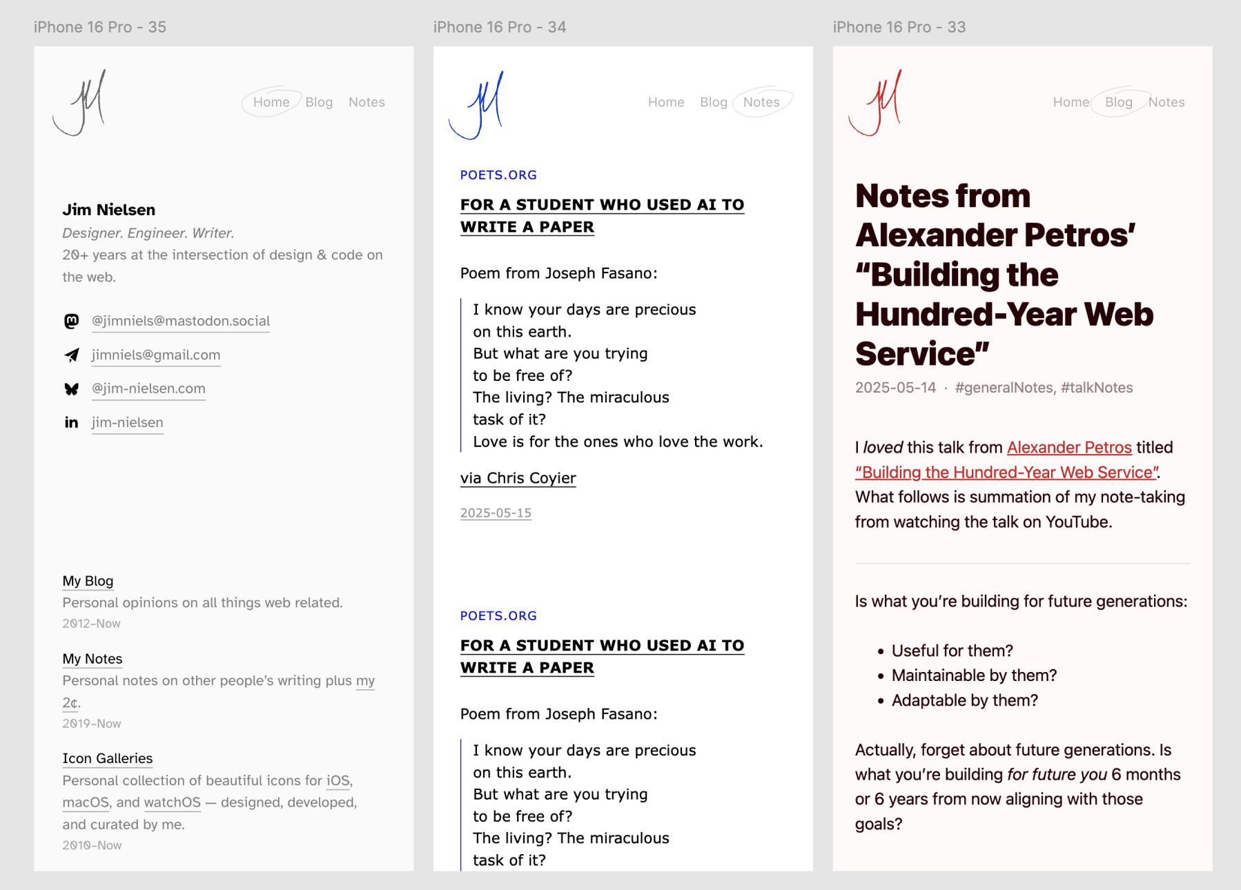 Mobile-sized UI mocks for Home, Blog, and Notes on jim-nielsen.com
