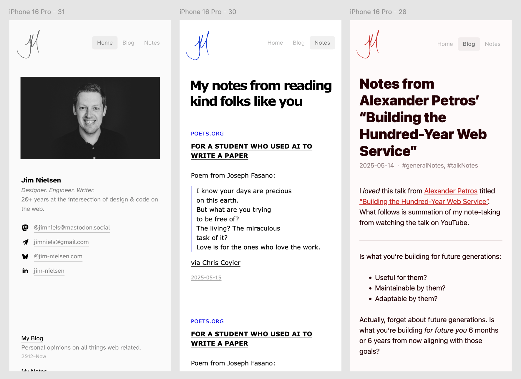 Mobile-sized UI mocks for Home, Blog, and Notes on jim-nielsen.com
