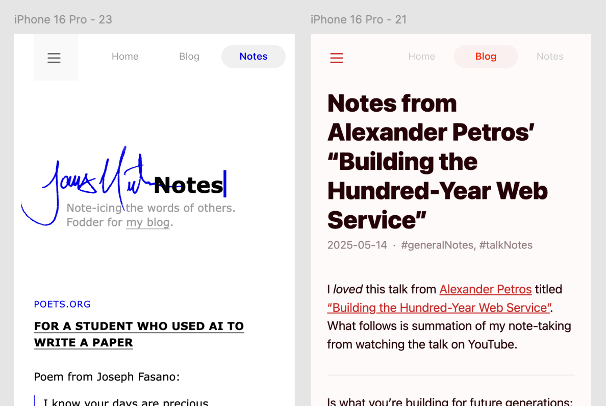 Different header + navigation styles for submdomains on jim-nielsen.com including a hamburger button.