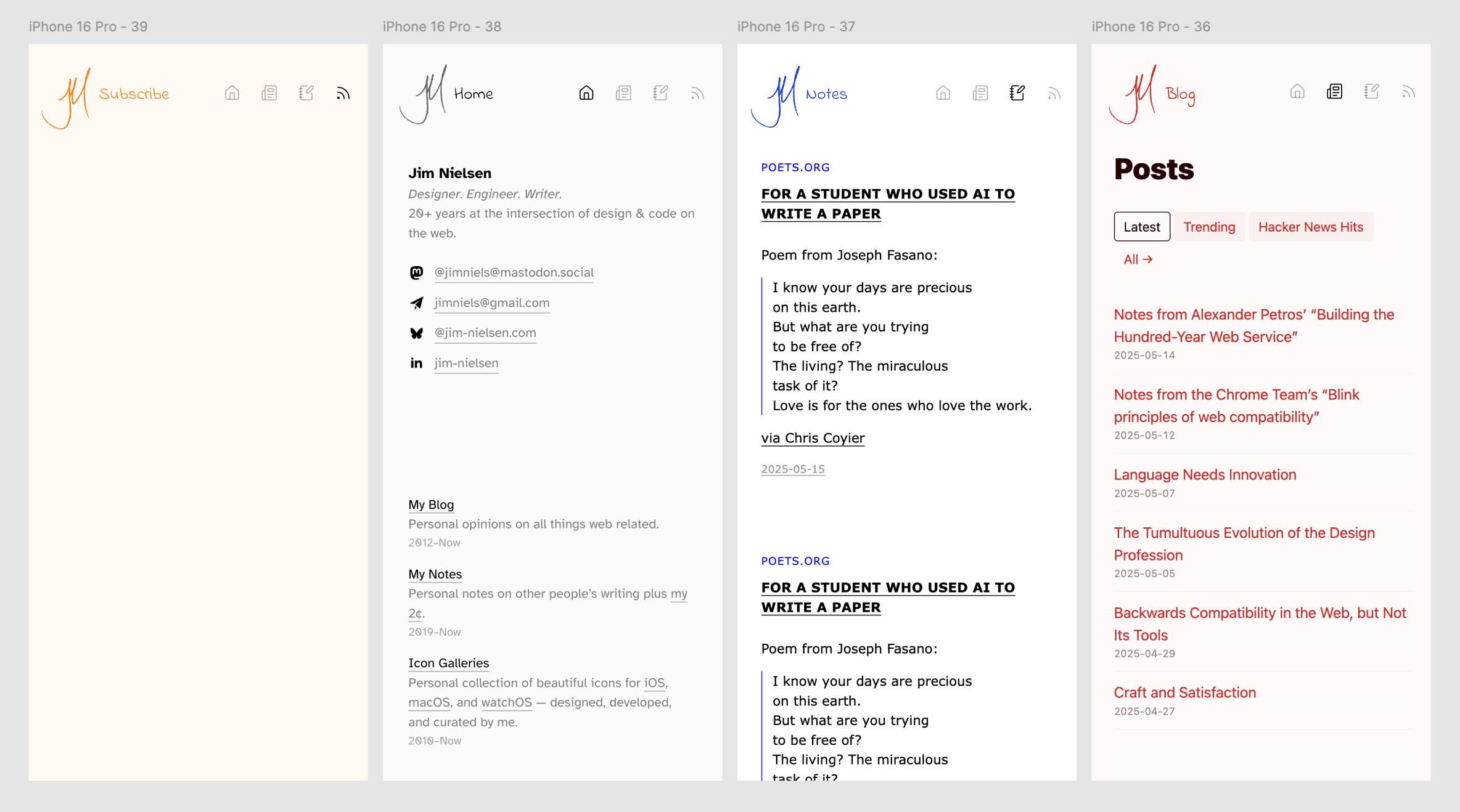 Four mobile-sized mockups for subdomains on jim-nielsen.com, each one getting a different highlight color.