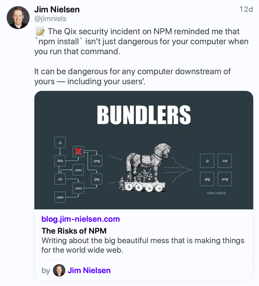 Screenshot of a post from @jimniels@mastodon.social showing a link to blog.jim-nielsen.com and an accompanying og:image preview.