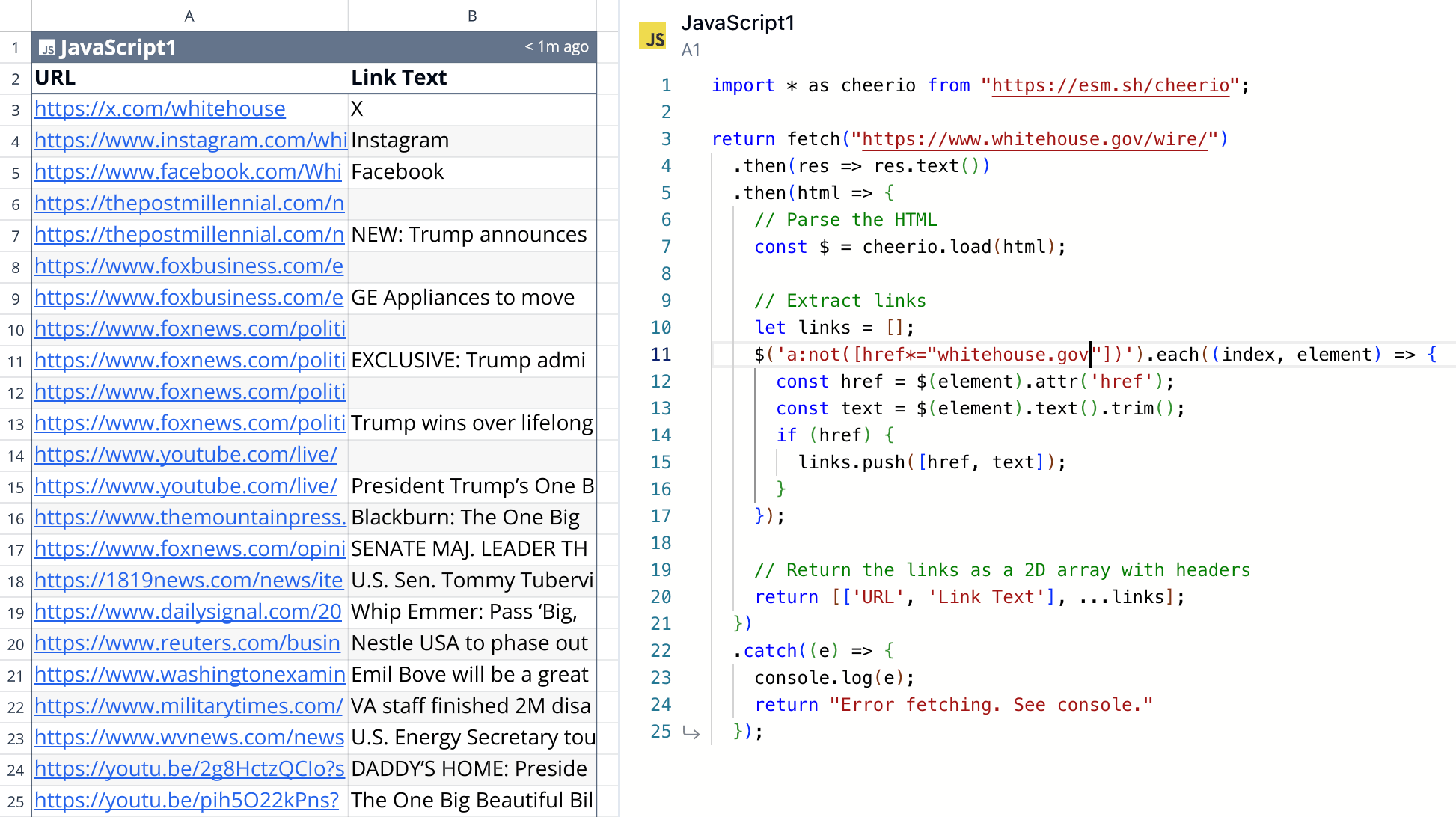 Screenshot of the Quadratic spreadsheet, with rows and columns of data on the left, and on the right a code editor containing the code which retrieved and parsed the data on the left.
