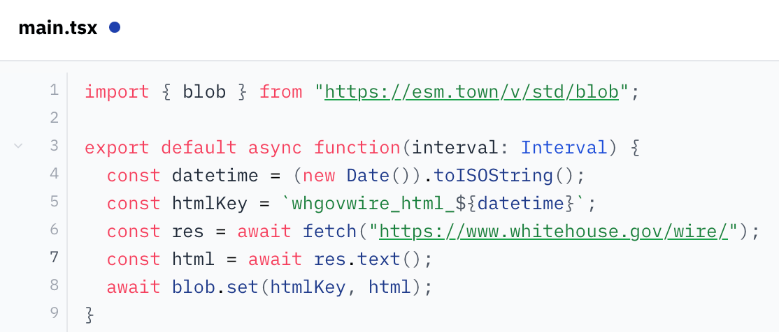 Screenshot of 9 lines of code from val.town that fetches whitehouse.gov/wire, extracts the text, and stores it in blob storage.