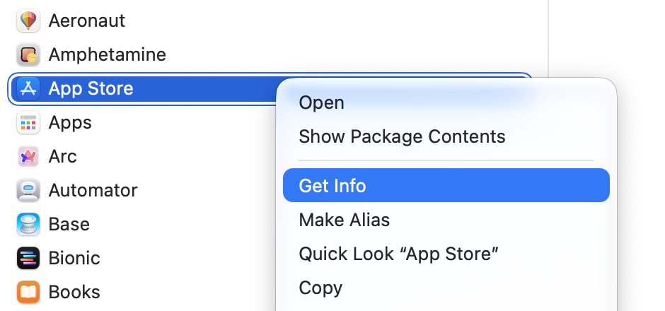 Finder showing the App Store selected with the context menu open and “Get Info” highlighted.
