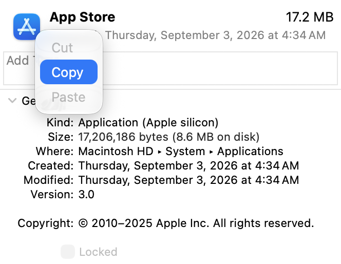 Finder’s Get Info window for the App Store with the app icon selected and the Edit menu open to the Copy command.