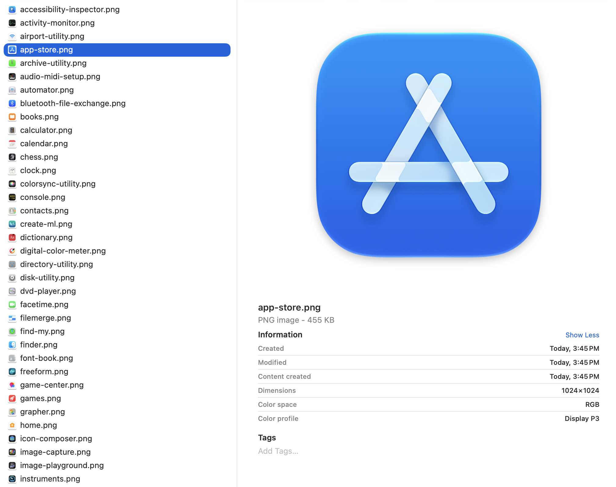 Finder column view of a number of Mac application icons, each one a 1024x1024 pixel version of the artwork (as shown by the preview for the “app-store.png” file preview being shown in Finder).