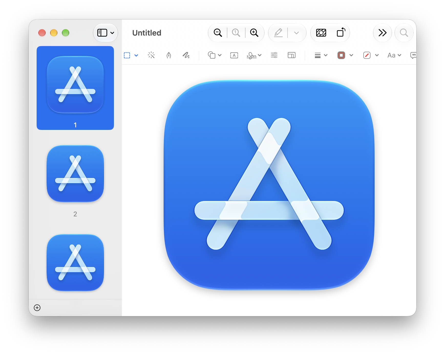 Preview showing the App Store icon copied from Finder, with multiple available icon sizes listed in the sidebar.