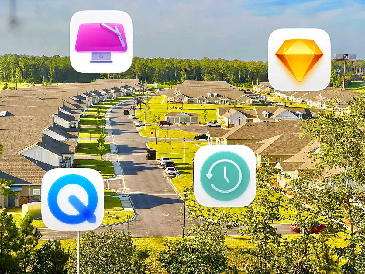 Four app icons floating over a suburban neighborhood.