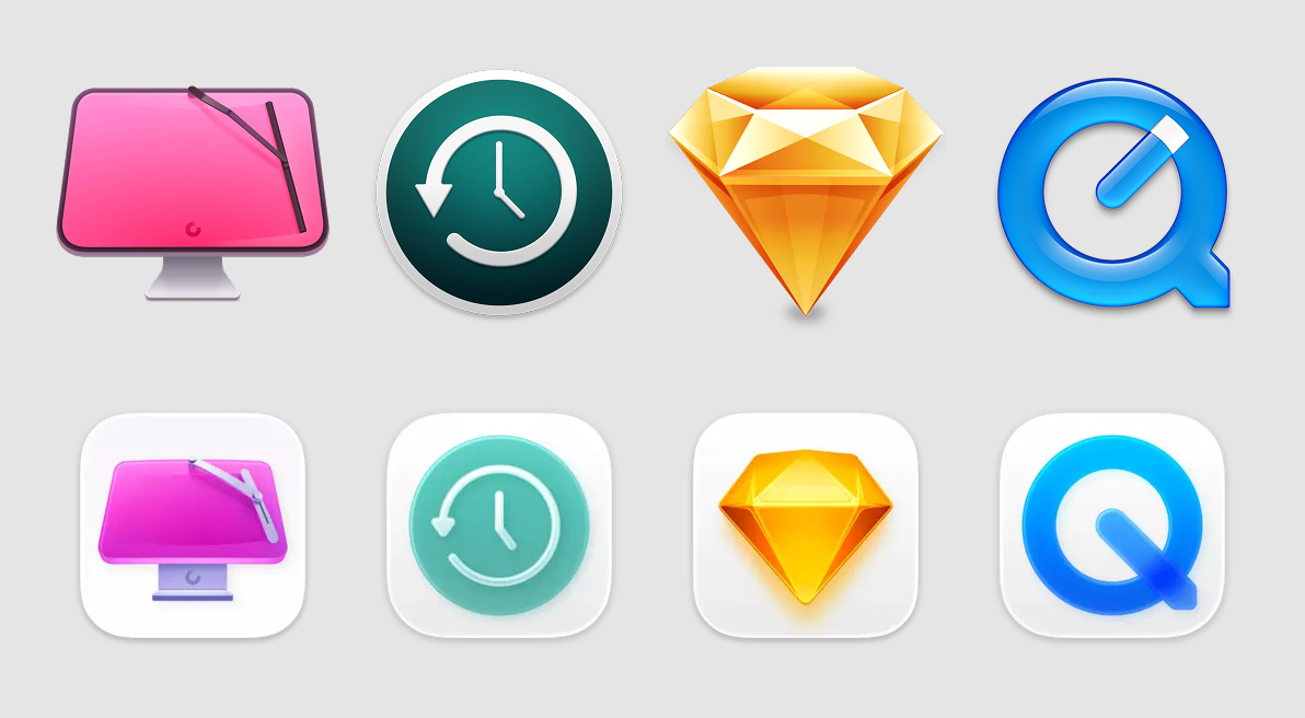 Eight app icons in two rows: a pink monitor with a tool, a teal clock with a reverse arrow, a yellow diamond, and a blue magnifying glass with a pencil, each shown as a circle and a rounded square.