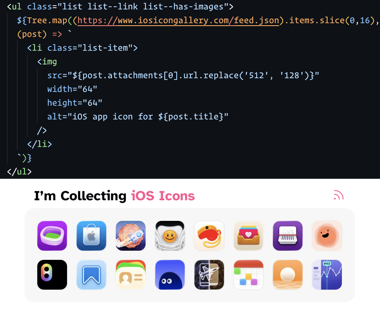 Screenshot of Web Origami code on top and its output on the bottom (a grid of icons).