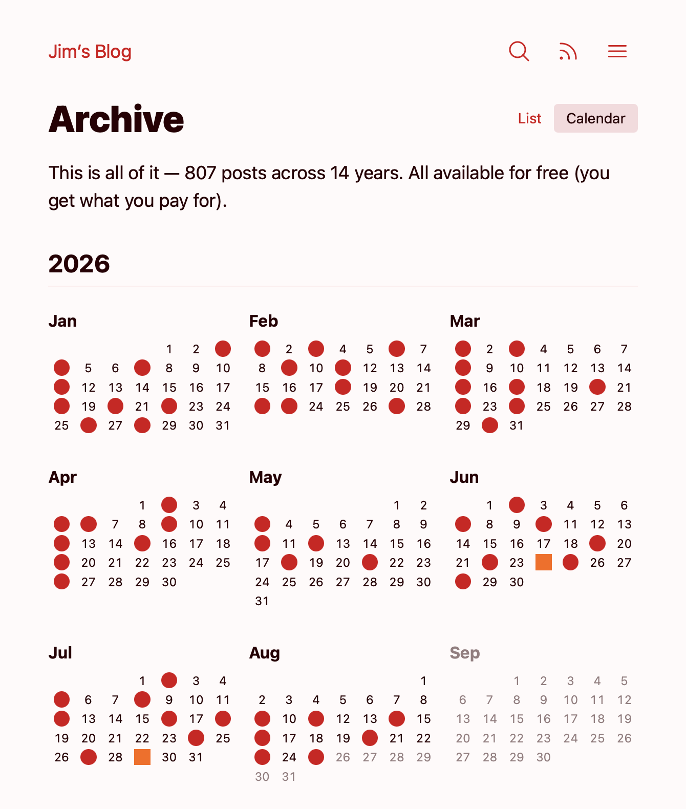 Screenshot of the calendar archive on Jim Nielsen’s blog where it shows a calendar for 2026 with red dots on various days through the year.