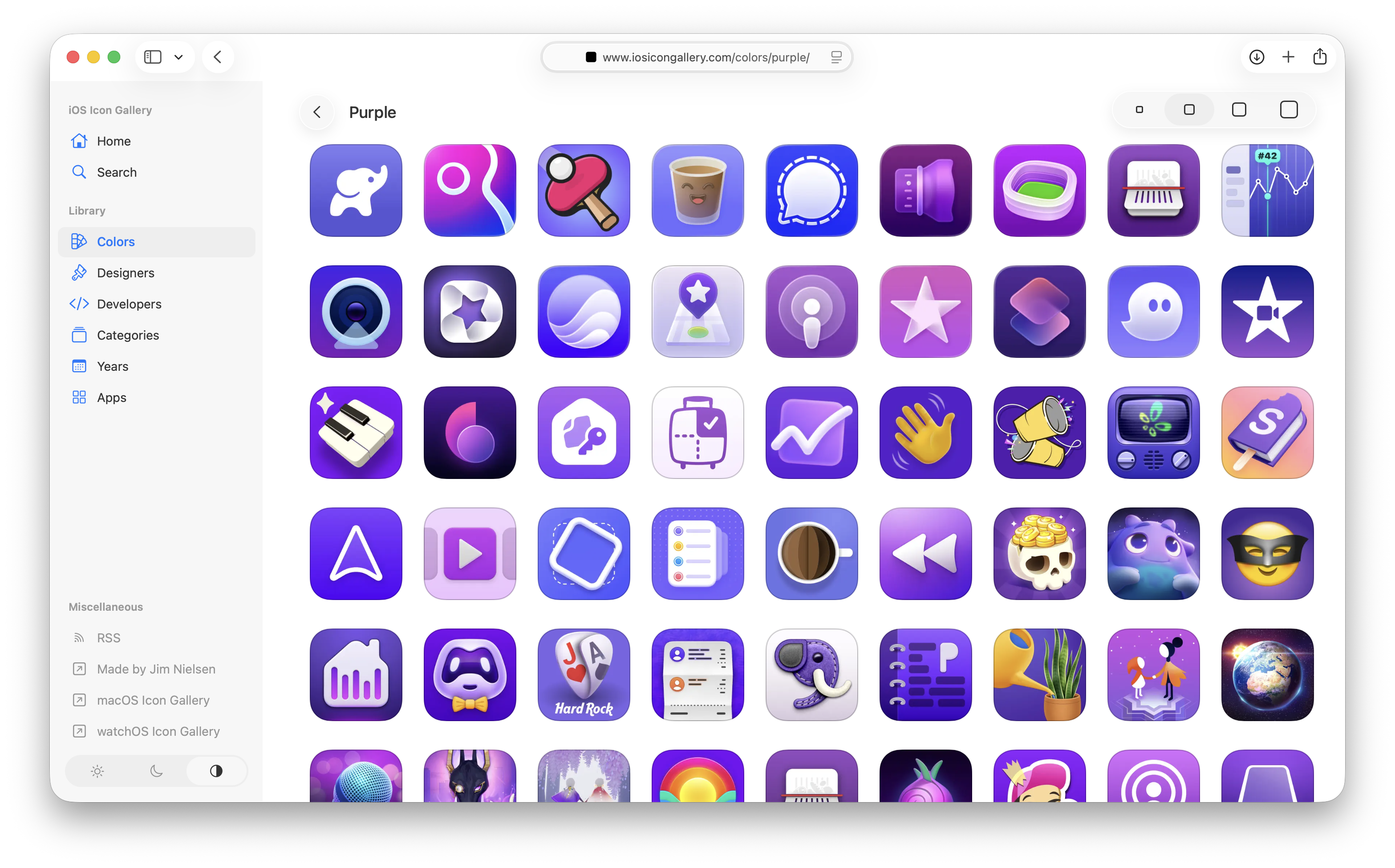 Screenshot of a wall of icons tagged as “purple” on iosicongallery.com