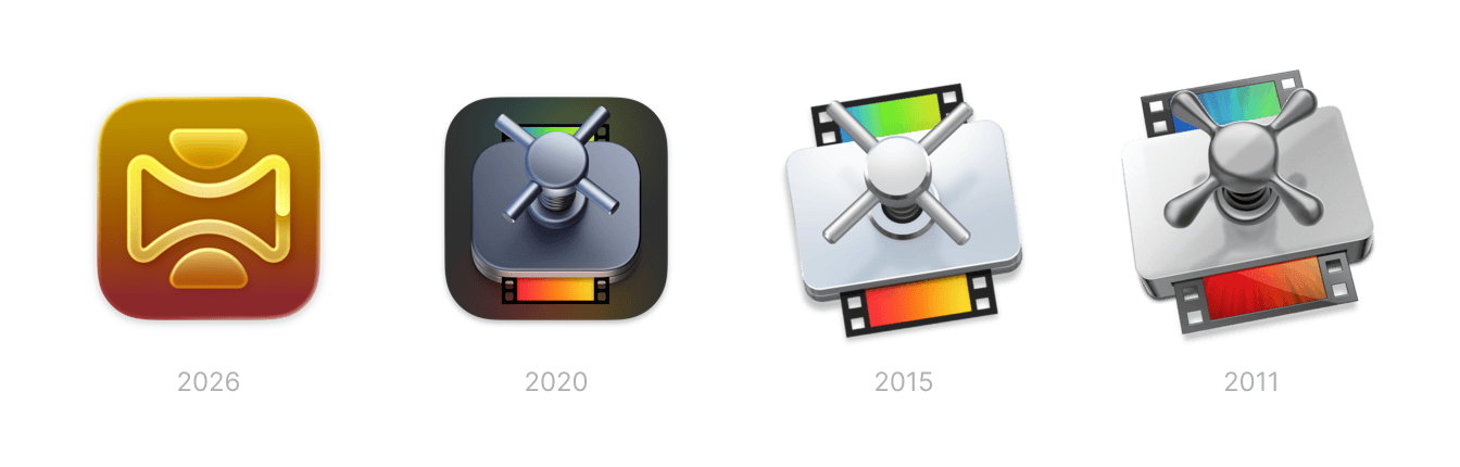 A horizontal row of Apple Compressor app icons labeled 2011, 2015, 2020, and 2026, showing the evolution from a detailed metallic clamp over film strips to a simplified, abstract golden compression symbol.