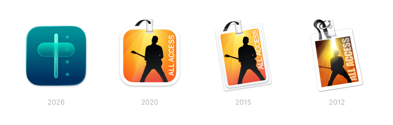 A horizontal row of Apple MainStage app icons labeled 2012, 2015, 2020, and 2026, showing the evolution from a detailed concert pass with a guitarist silhouette to a simplified, abstract teal stage-control symbol.