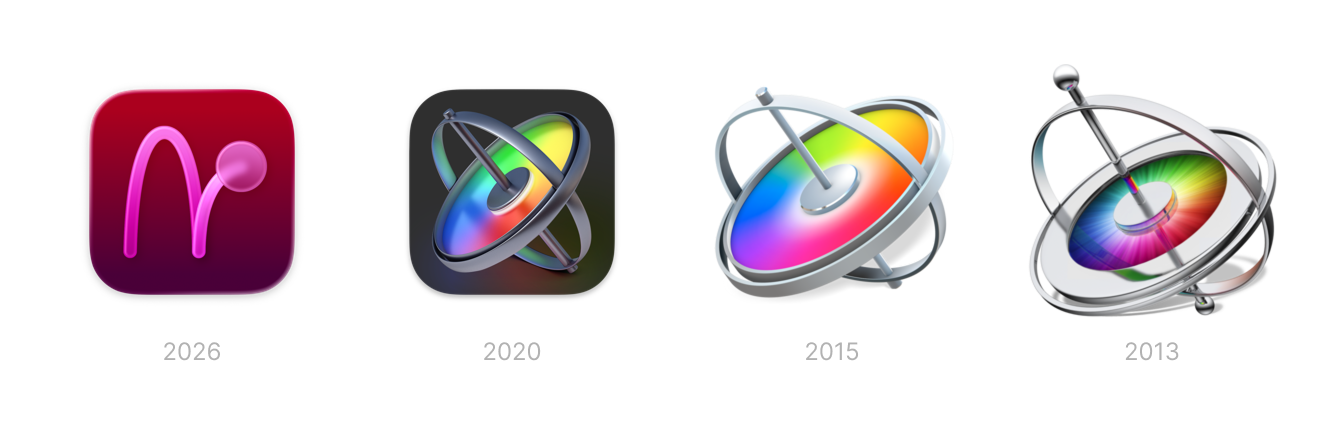 A horizontal row of Apple Motion app icons labeled 2013, 2015, 2020, and 2026, showing the evolution from a detailed, metallic orbital graphic around a color wheel to a simplified, abstract magenta motion symbol.