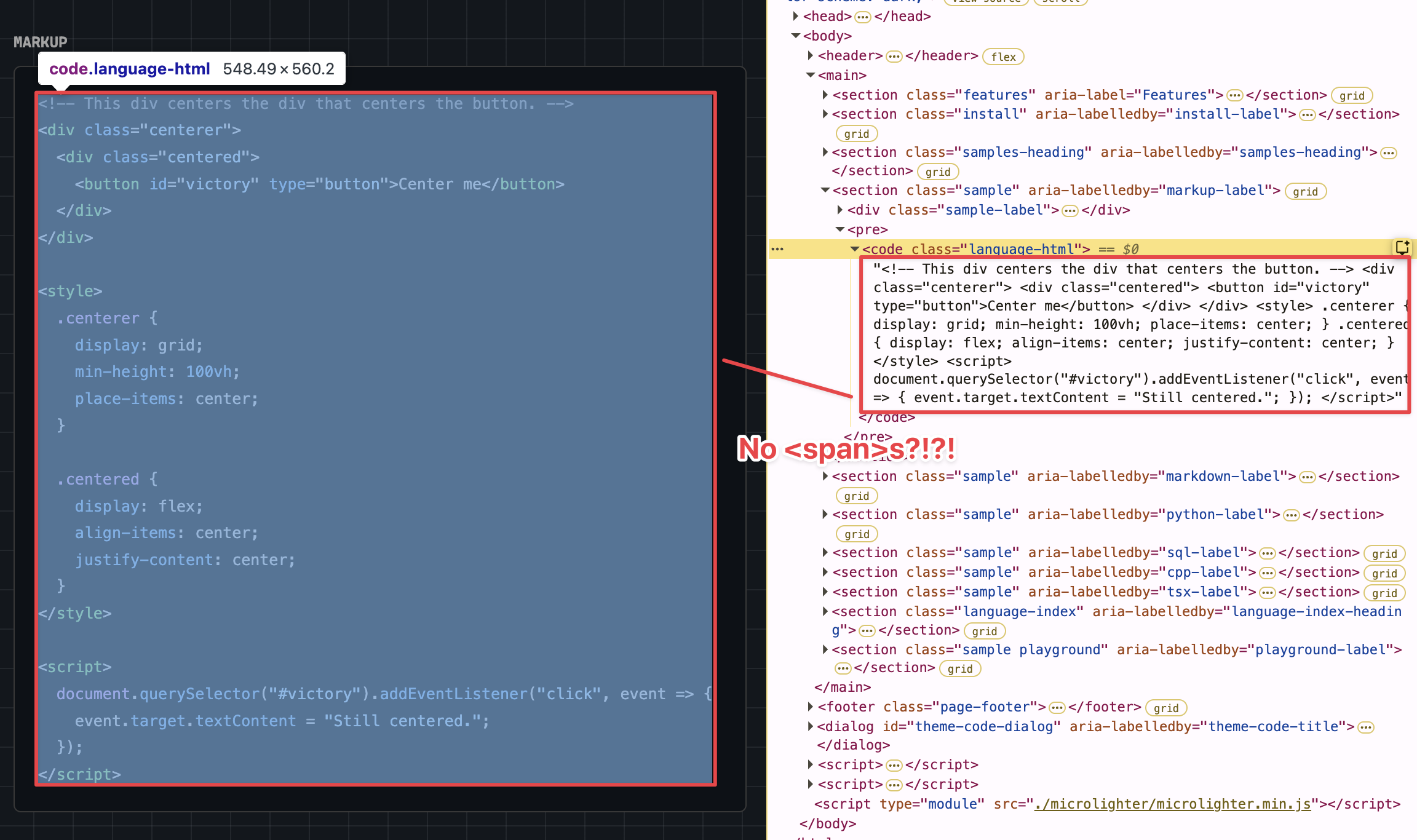 Screenshot of the microlighter website with the webpage code sample on the left and the devtools open on the right to the same code in the DOM and there are no span tags wrapping the code!