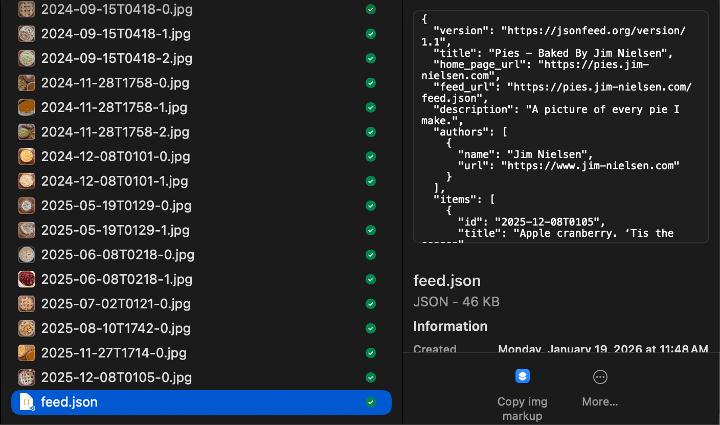 Screenshot of a folder in Finder with a bunch of images named by ISO8601 date and a feed.json file at the bottom.