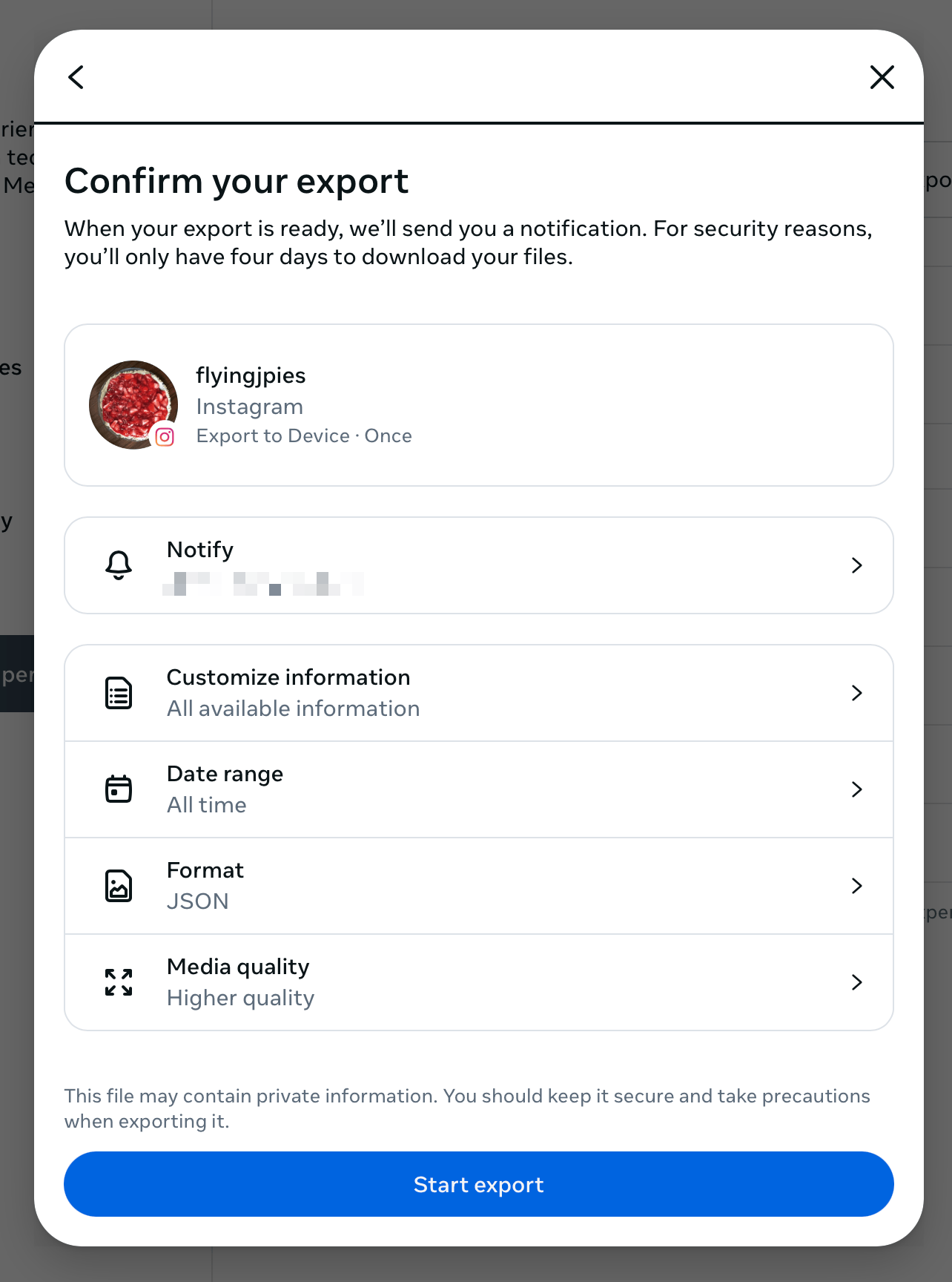 Screenshot of the export data tool in Instagram