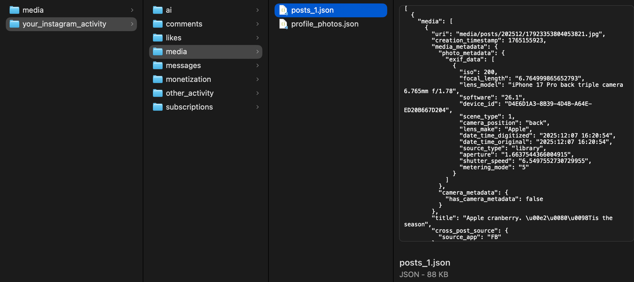 Screenshot of Finder with various nested files and folders of JSON files.