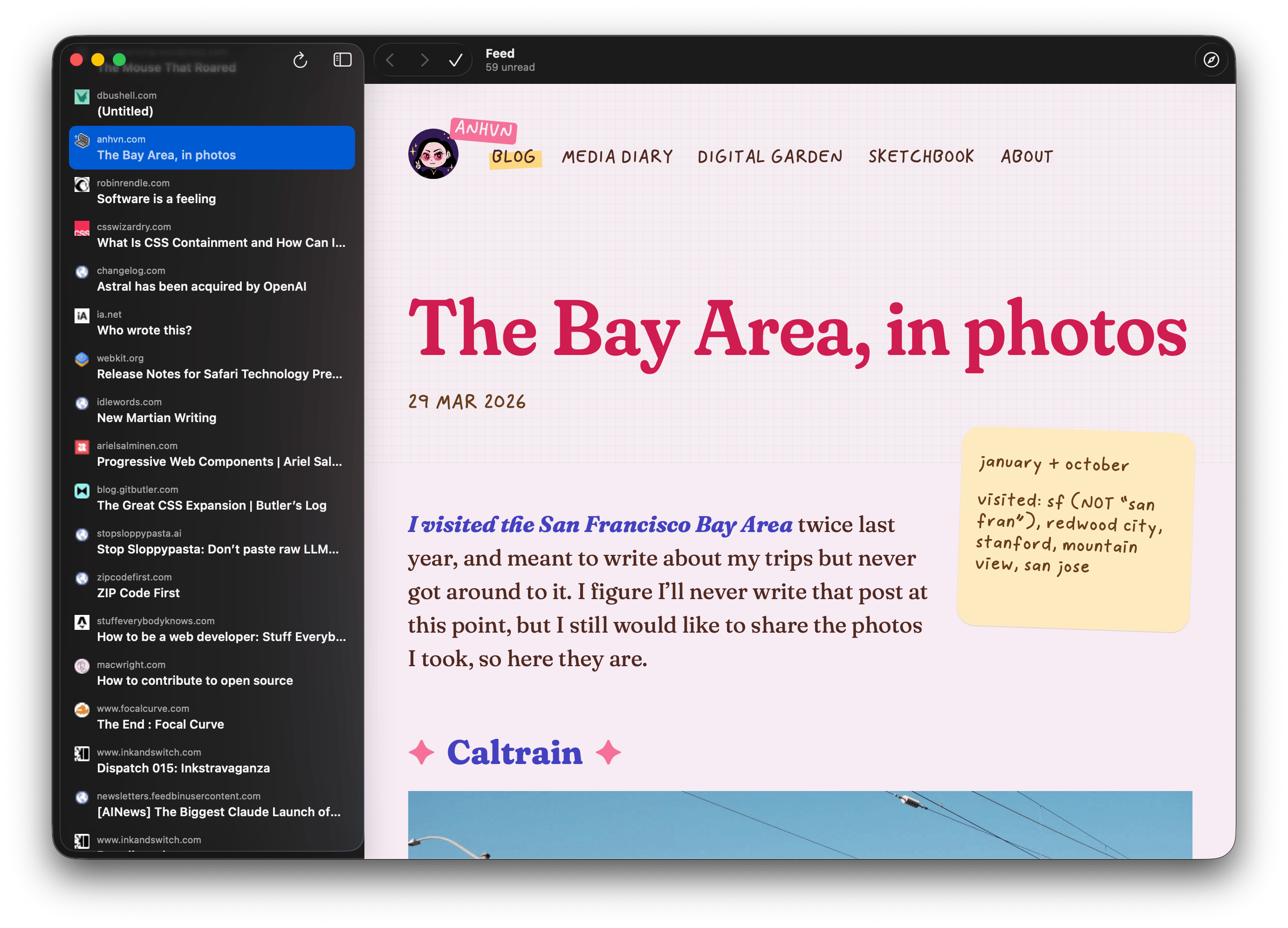 Screenshot of a macOS RSS reader app with a list of unread articles in the sidebar and a preview of one of the selected articles on the left available as a web page on the right.
