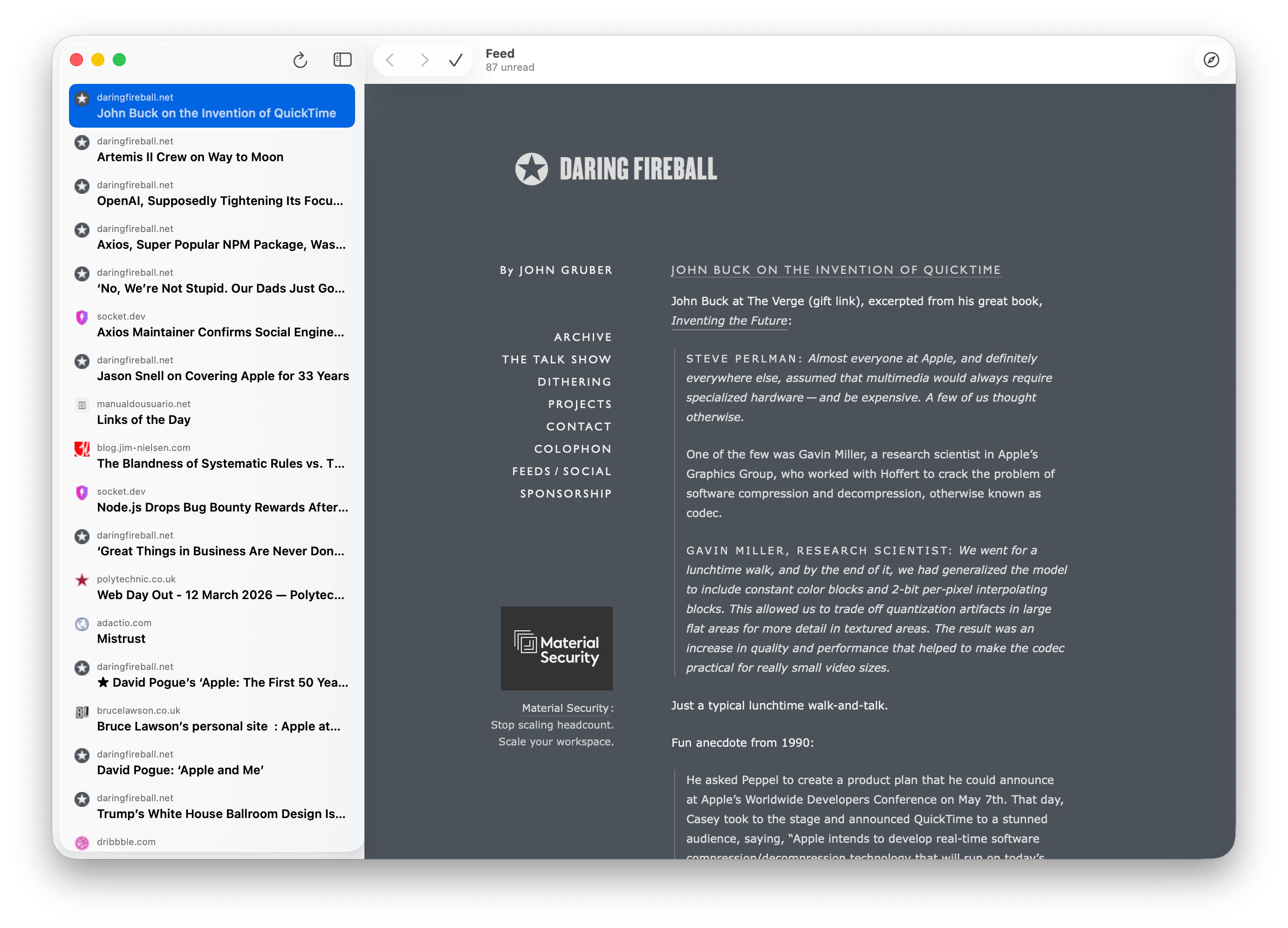 Screenshot of a macOS RSS reader app with a list of unread articles in the sidebar and a preview of one of the selected articles on the left available as a web page on the right.