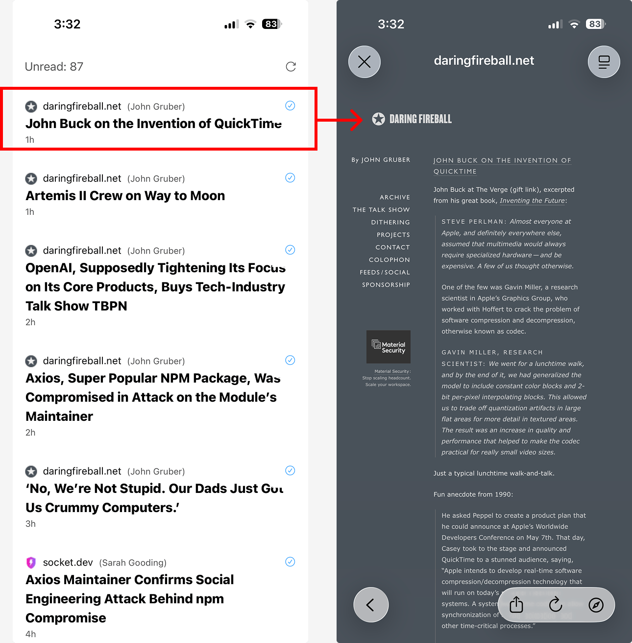 Screenshot of two screens from iOS side-by-side. One is a list of articles,  the other is an article preview. The list has a specific article highlighted with an arrow pointing to the preview, showing that a click results in a page load.