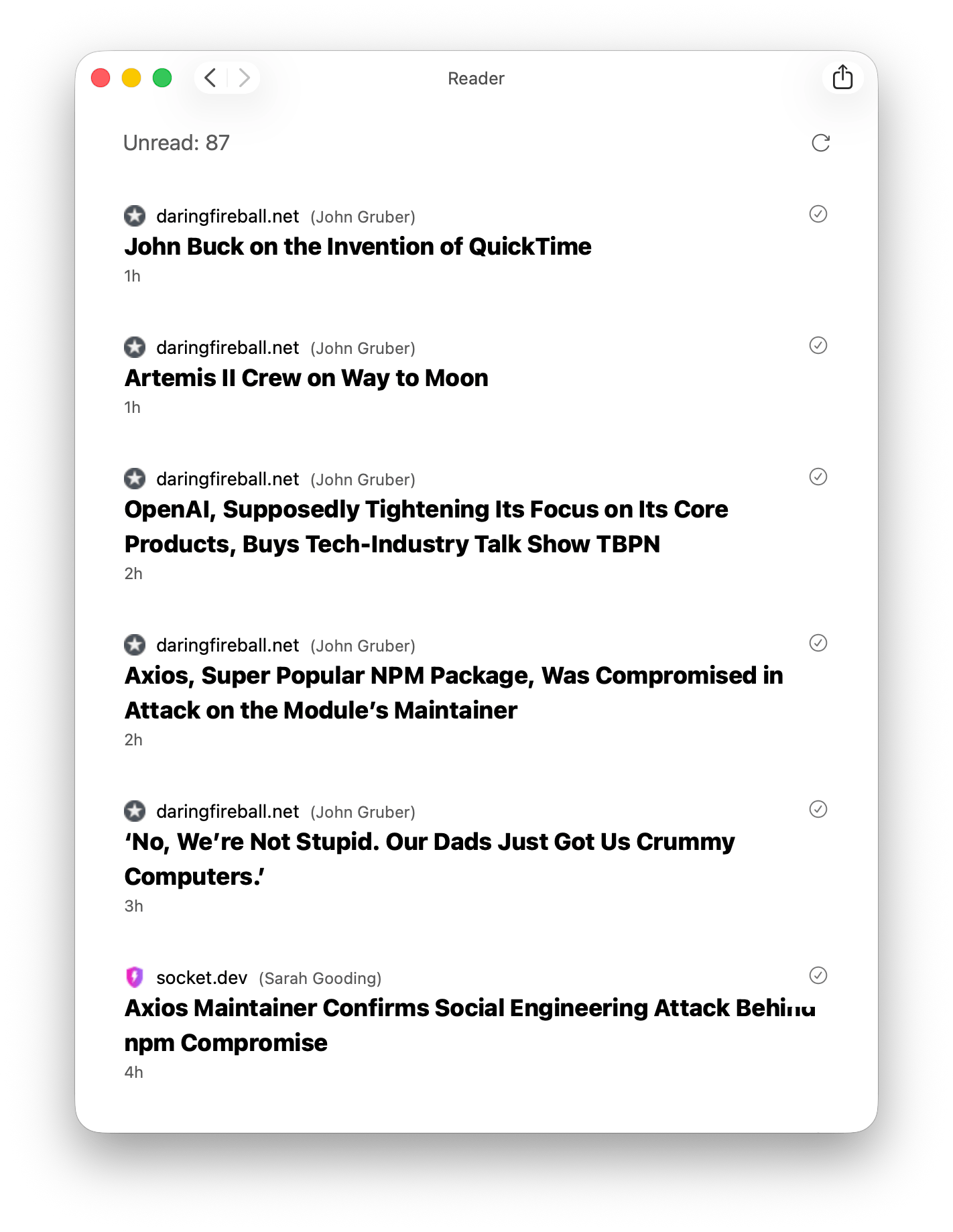 Screenshot of an application window on macOS showing a list of article titles from an RSS feed.